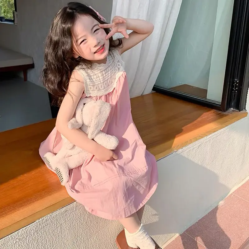 Summer 2-7Yrs Girl's Princess Dress New Fashion Kids Lace Clothes Embroidered Sleeveless Dress Pink Children's Sweet Vest Dress