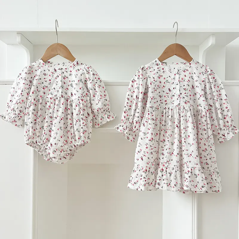 Spring New Baby Girl Party Flower Dress Rural Style Flowers Cotton Stitching Sister Dress Baby Girl Romper Kids Princess Dresses