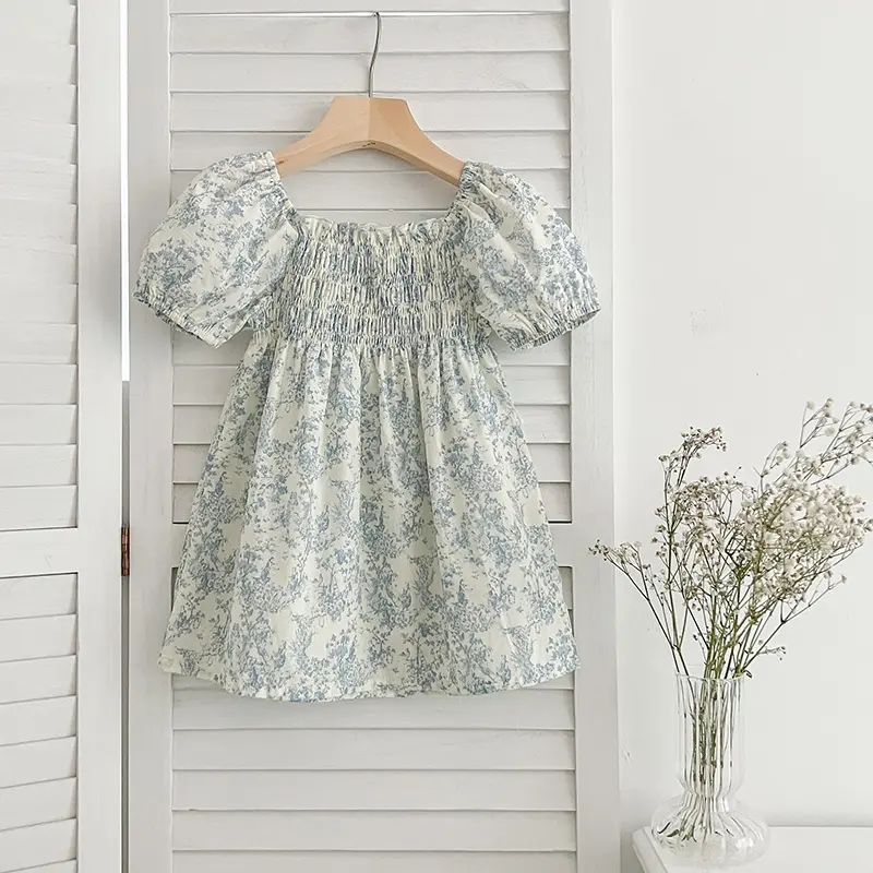 New Summer Clothes Baby Girls Princess Dresses Puff Sleeve Blue Flower Toddlers Vacation Kids Cotton Cute Dress Korean Style