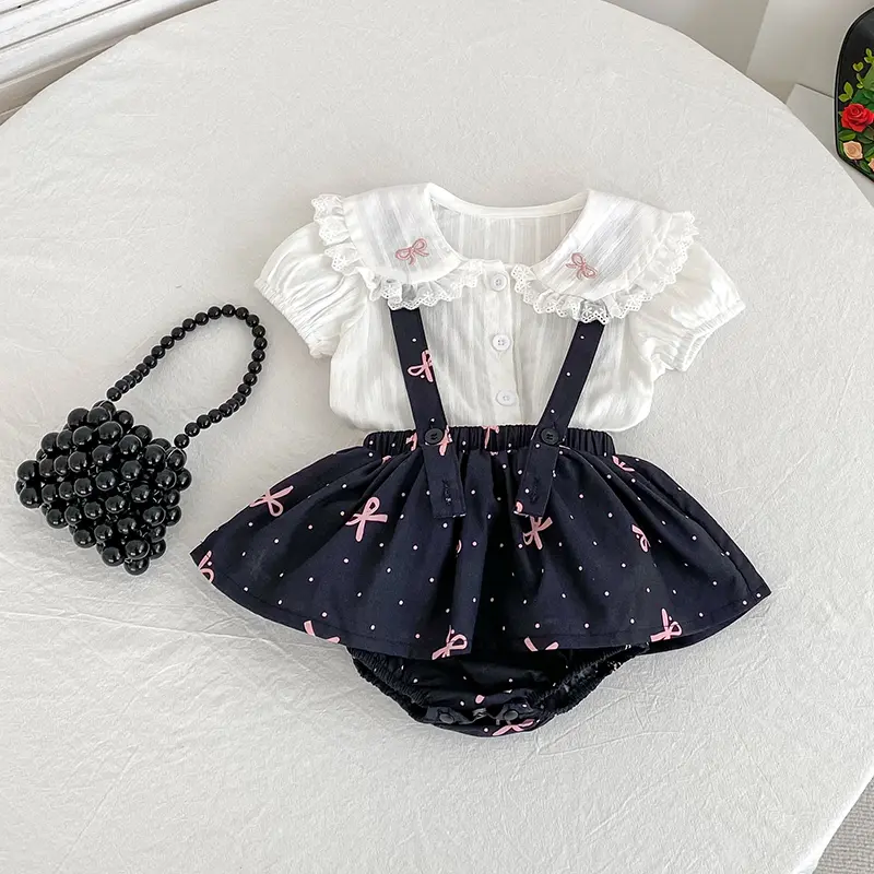Infant Set Summer Baby Girls Suit Solid Cotton Fashion Square Neck Embroidered Bow White Shirt+Ruffle Romper Set Toddler Clothes