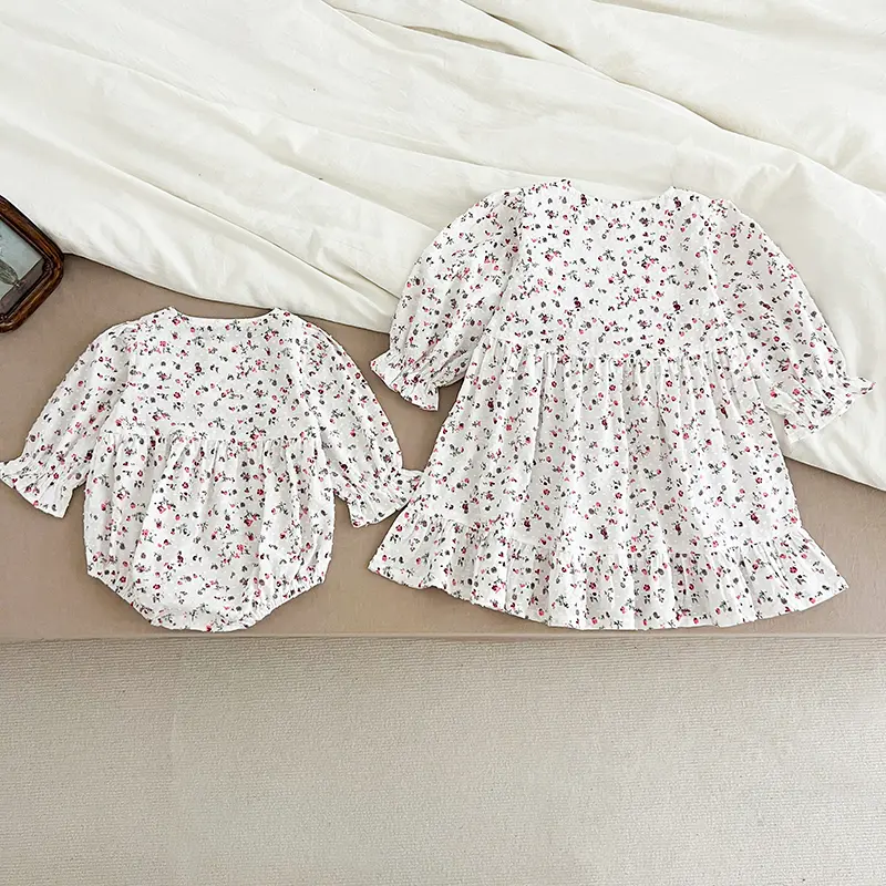 Spring New Baby Girl Party Flower Dress Rural Style Flowers Cotton Stitching Sister Dress Baby Girl Romper Kids Princess Dresses