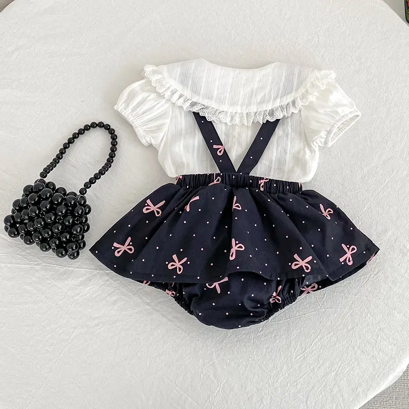 Infant Set Summer Baby Girls Suit Solid Cotton Fashion Square Neck Embroidered Bow White Shirt+Ruffle Romper Set Toddler Clothes
