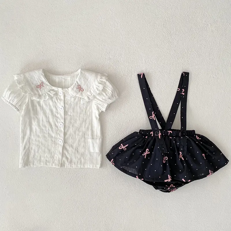 Infant Set Summer Baby Girls Suit Solid Cotton Fashion Square Neck Embroidered Bow White Shirt+Ruffle Romper Set Toddler Clothes