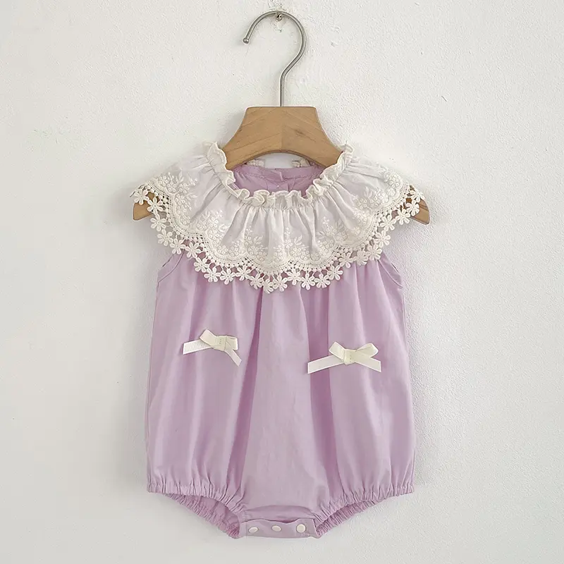 0-24M Summer Baby Girls Romper Petal Lace Collar Girl Clothes Newborn Embroidery Bow Cotton Clothing Summer Onesies Clothes