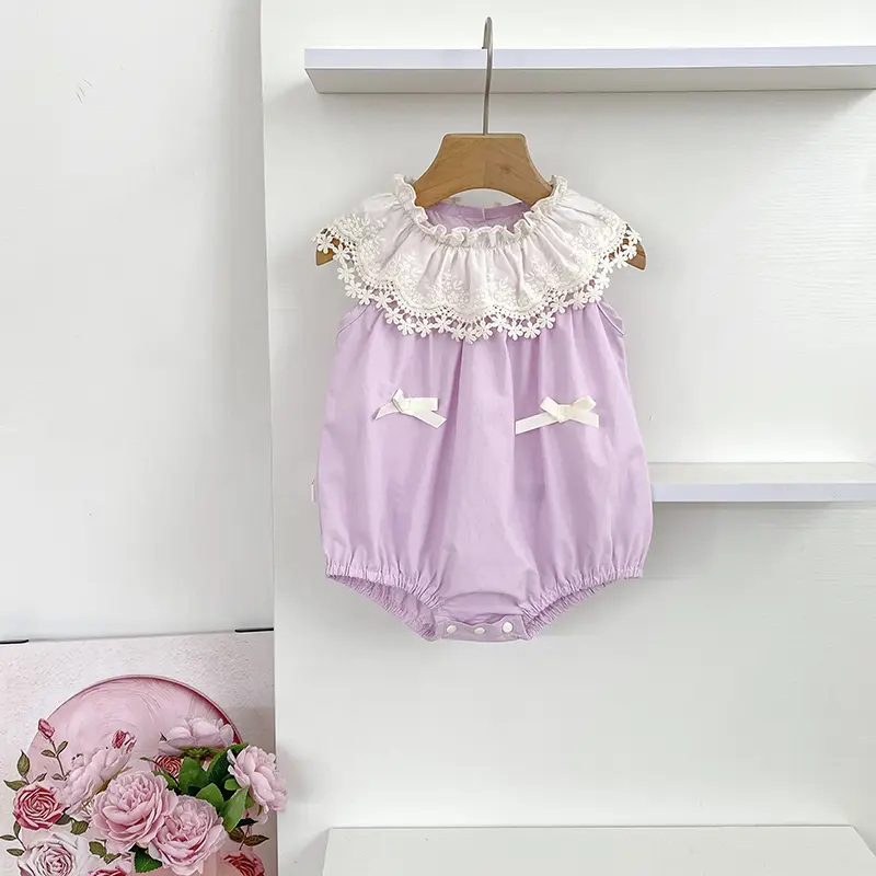 0-24M Summer Baby Girls Romper Petal Lace Collar Girl Clothes Newborn Embroidery Bow Cotton Clothing Summer Onesies Clothes