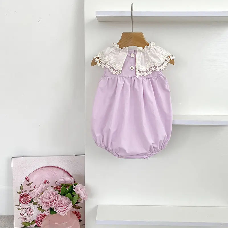 0-24M Summer Baby Girls Romper Petal Lace Collar Girl Clothes Newborn Embroidery Bow Cotton Clothing Summer Onesies Clothes