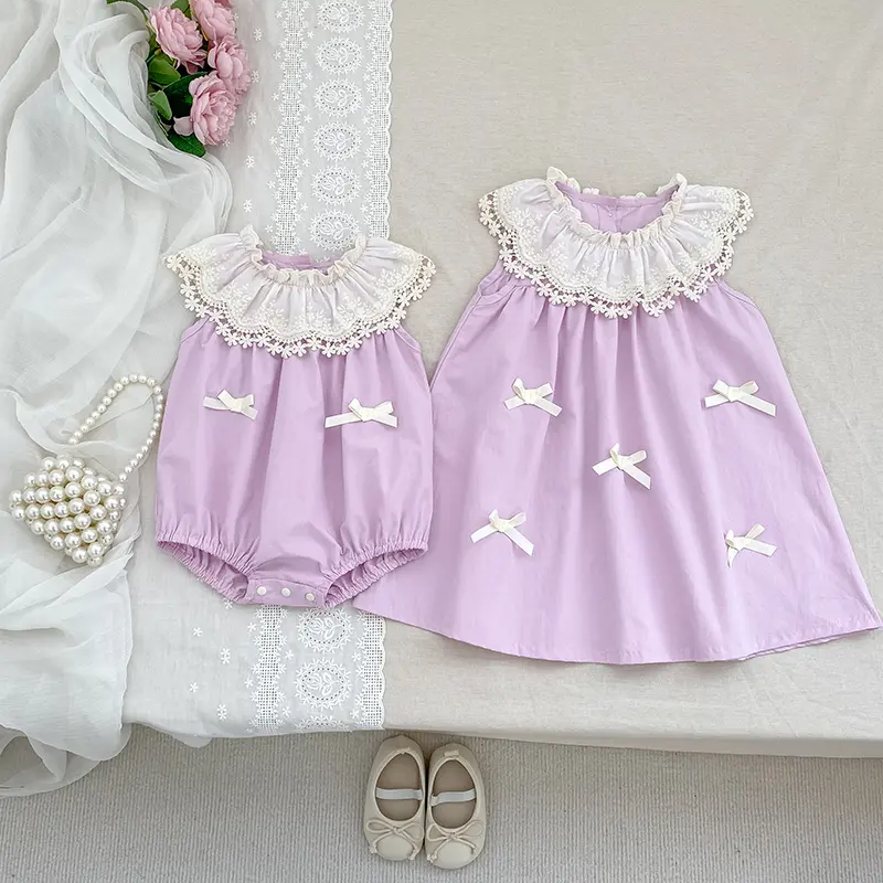 0-24M Summer Baby Girls Romper Petal Lace Collar Girl Clothes Newborn Embroidery Bow Cotton Clothing Summer Onesies Clothes