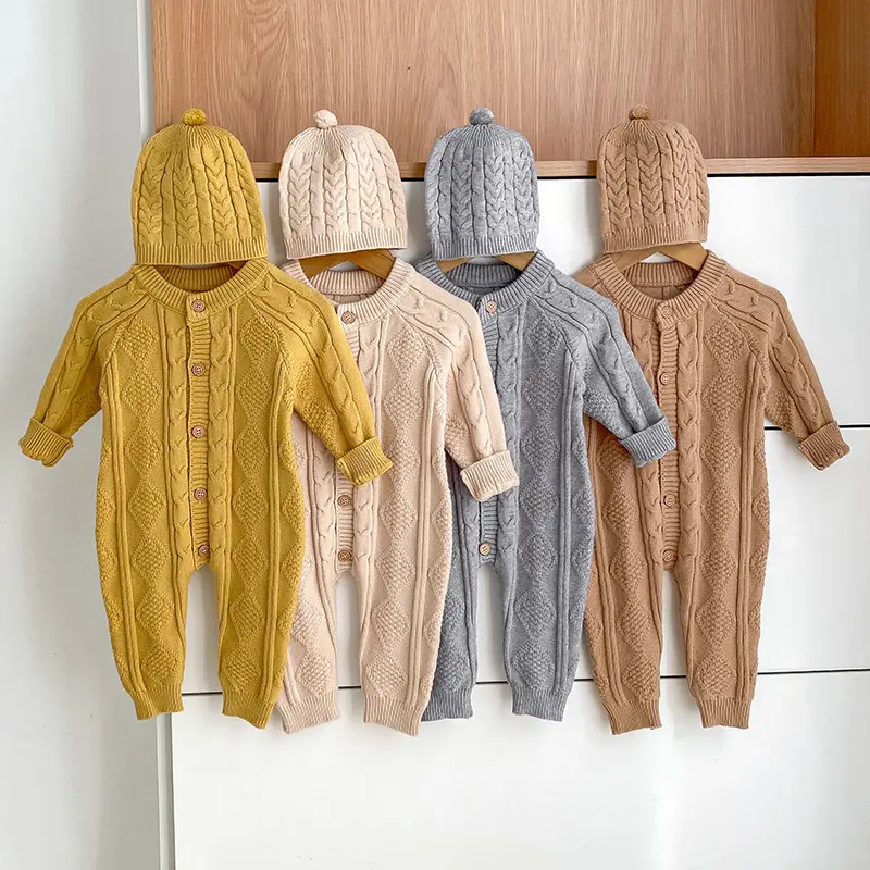 Autumn Newborn Girl Boy Knitted Jumpsuits Outfits Baby Rompers Caps Clothes Sets Winter Long Sleeve Toddler Infant Overalls 2Pcs