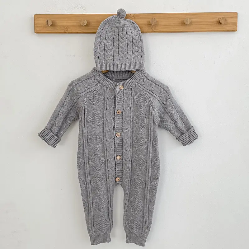Autumn Newborn Girl Boy Knitted Jumpsuits Outfits Baby Rompers Caps Clothes Sets Winter Long Sleeve Toddler Infant Overalls 2Pcs