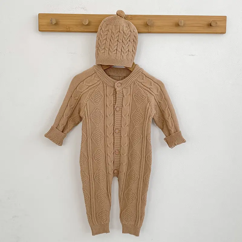 Autumn Newborn Girl Boy Knitted Jumpsuits Outfits Baby Rompers Caps Clothes Sets Winter Long Sleeve Toddler Infant Overalls 2Pcs