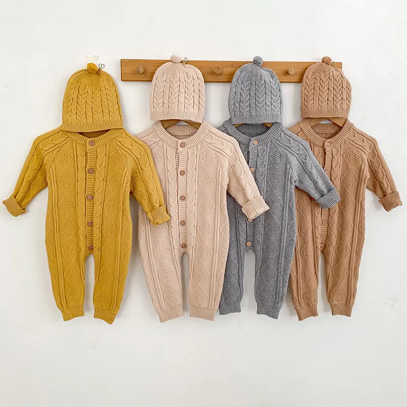 Autumn Newborn Girl Boy Knitted Jumpsuits Outfits Baby Rompers Caps Clothes Sets Winter Long Sleeve Toddler Infant Overalls 2Pcs
