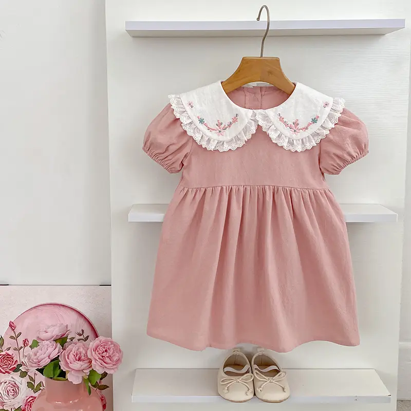 1-6Y Girls Pink Princess Dresses New Summer Baby Dress Puff Sleeve Embroidered Lace Collar Toddlers Kids Cotton Cute Party Dress
