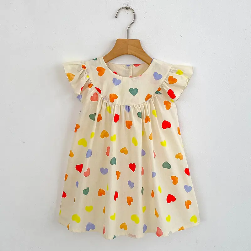 1-7Yrs Princess Girls Dress Summer Cotton Colorful Heart Print Kids A-Line Dress Casual Toddler Boho Dress Children Costumes
