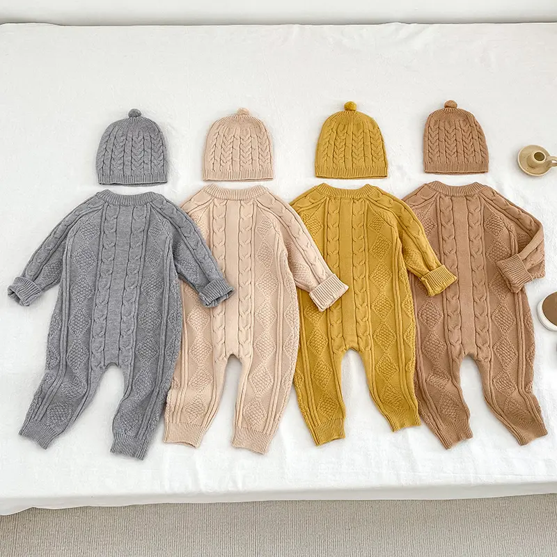 Autumn Newborn Girl Boy Knitted Jumpsuits Outfits Baby Rompers Caps Clothes Sets Winter Long Sleeve Toddler Infant Overalls 2Pcs