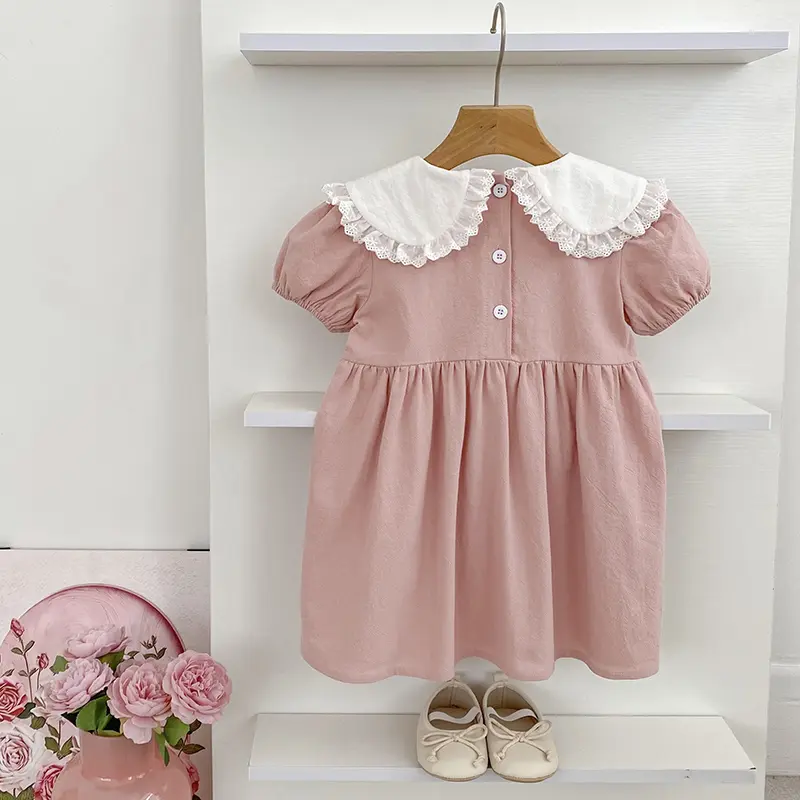 1-6Y Girls Pink Princess Dresses New Summer Baby Dress Puff Sleeve Embroidered Lace Collar Toddlers Kids Cotton Cute Party Dress