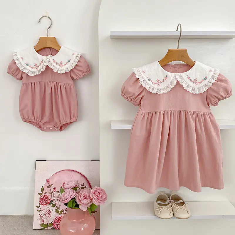 1-6Y Girls Pink Princess Dresses New Summer Baby Dress Puff Sleeve Embroidered Lace Collar Toddlers Kids Cotton Cute Party Dress