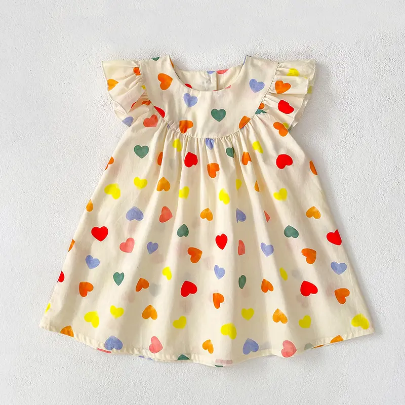 1-7Yrs Princess Girls Dress Summer Cotton Colorful Heart Print Kids A-Line Dress Casual Toddler Boho Dress Children Costumes
