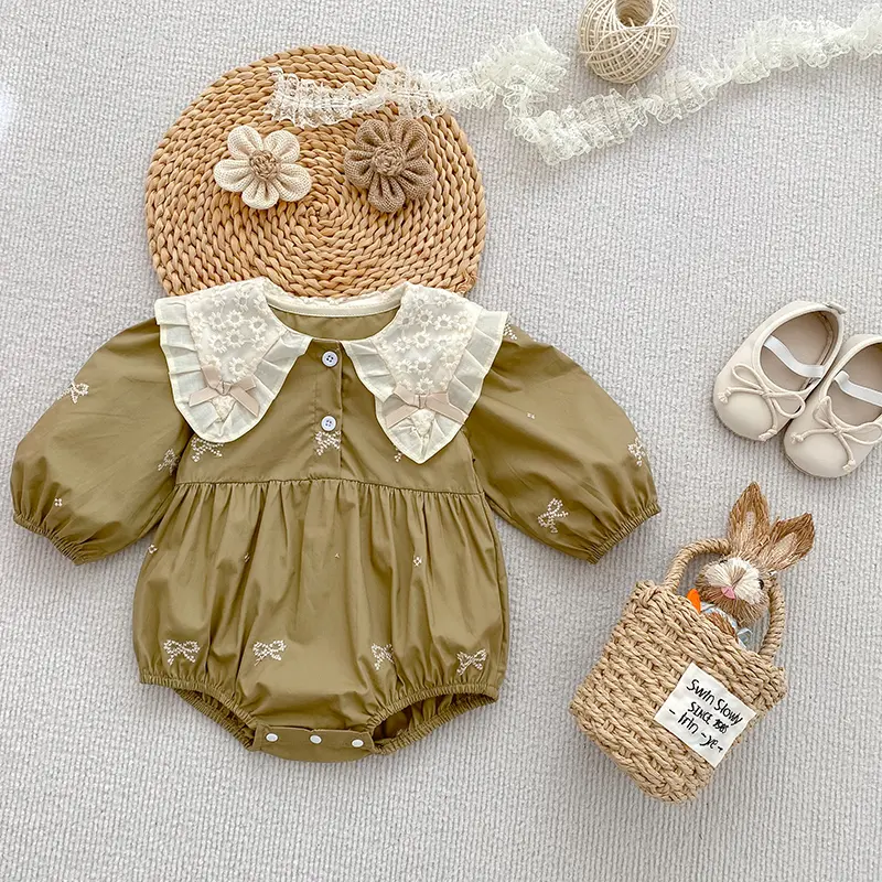 Baby Girls Bodysuit Sweet Bow Lotus Leaf Collar Lace Baby Bodysuit Infant One Piece Spring Autumn Baby Clothing Girls Jumpsuit