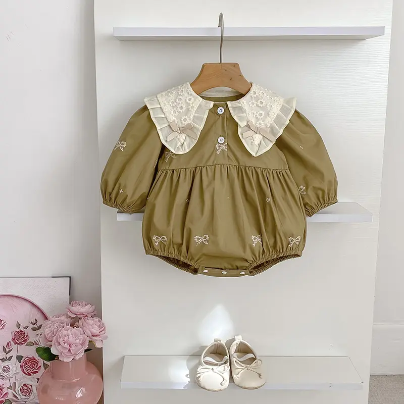 Baby Girls Bodysuit Sweet Bow Lotus Leaf Collar Lace Baby Bodysuit Infant One Piece Spring Autumn Baby Clothing Girls Jumpsuit