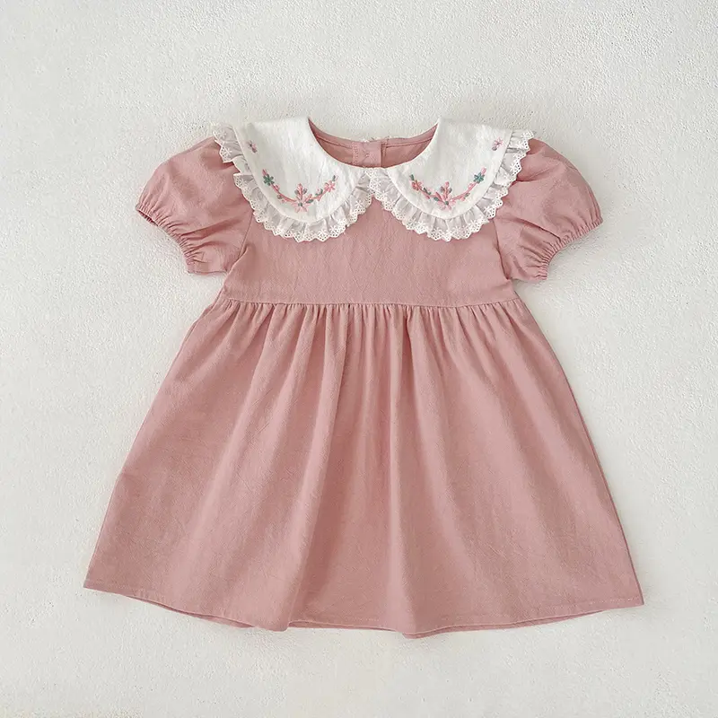 1-6Y Girls Pink Princess Dresses New Summer Baby Dress Puff Sleeve Embroidered Lace Collar Toddlers Kids Cotton Cute Party Dress