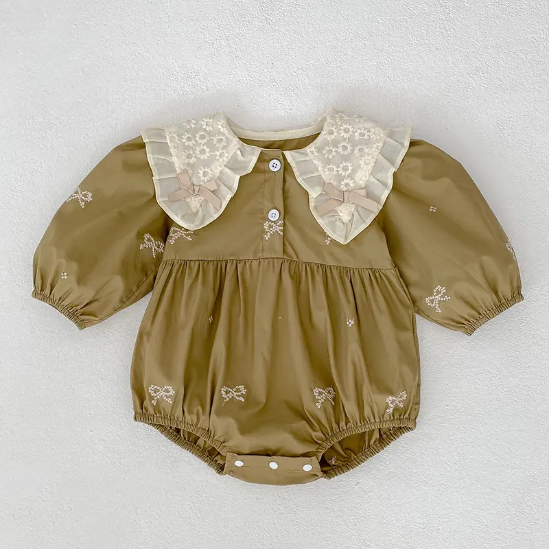 Baby Girls Bodysuit Sweet Bow Lotus Leaf Collar Lace Baby Bodysuit Infant One Piece Spring Autumn Baby Clothing Girls Jumpsuit