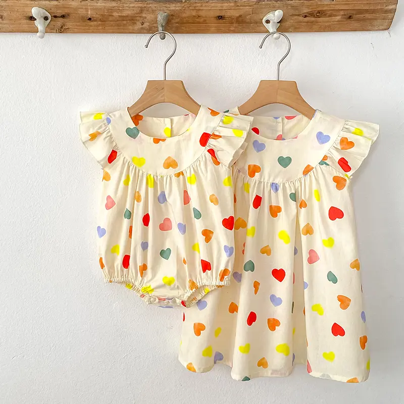 1-7Yrs Princess Girls Dress Summer Cotton Colorful Heart Print Kids A-Line Dress Casual Toddler Boho Dress Children Costumes