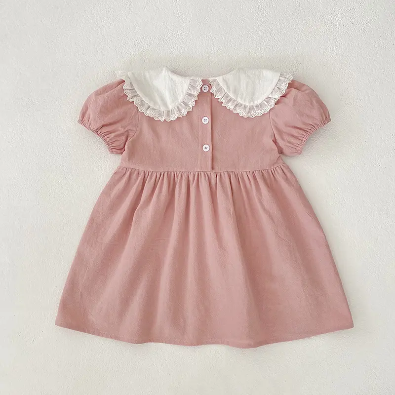 1-6Y Girls Pink Princess Dresses New Summer Baby Dress Puff Sleeve Embroidered Lace Collar Toddlers Kids Cotton Cute Party Dress