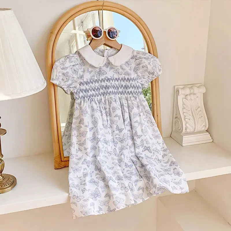 Baby Girls Princess Dresses New Summer Clothes Cotton Puff Sleeve Blue Butterfly Print Toddlers Vacation Kids Cotton Cute Dress