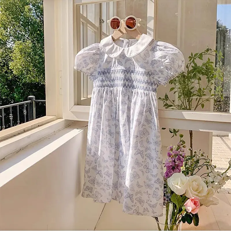 Baby Girls Princess Dresses New Summer Clothes Cotton Puff Sleeve Blue Butterfly Print Toddlers Vacation Kids Cotton Cute Dress