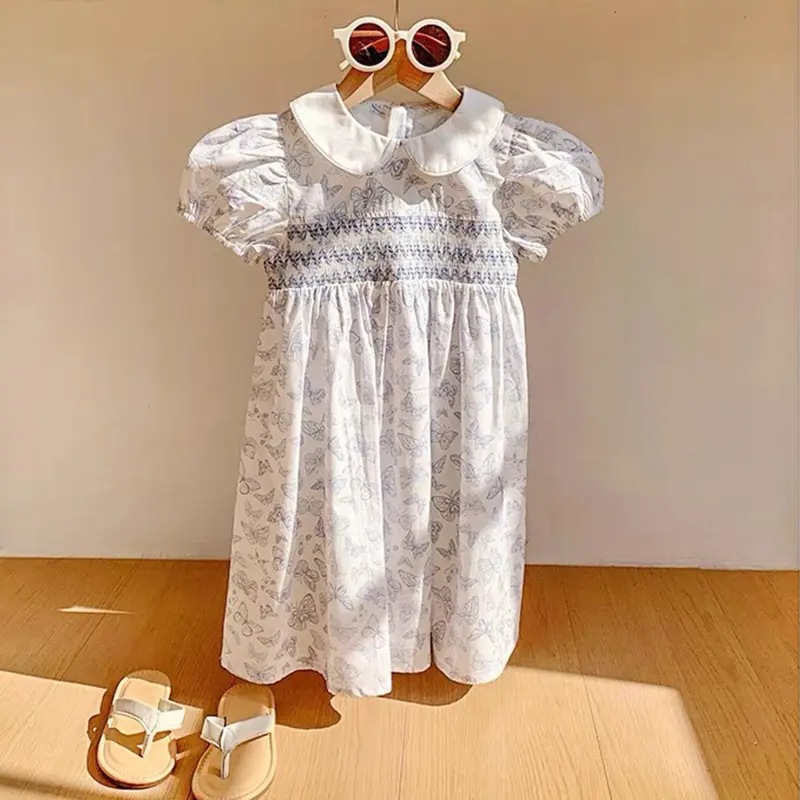 Baby Girls Princess Dresses New Summer Clothes Cotton Puff Sleeve Blue Butterfly Print Toddlers Vacation Kids Cotton Cute Dress
