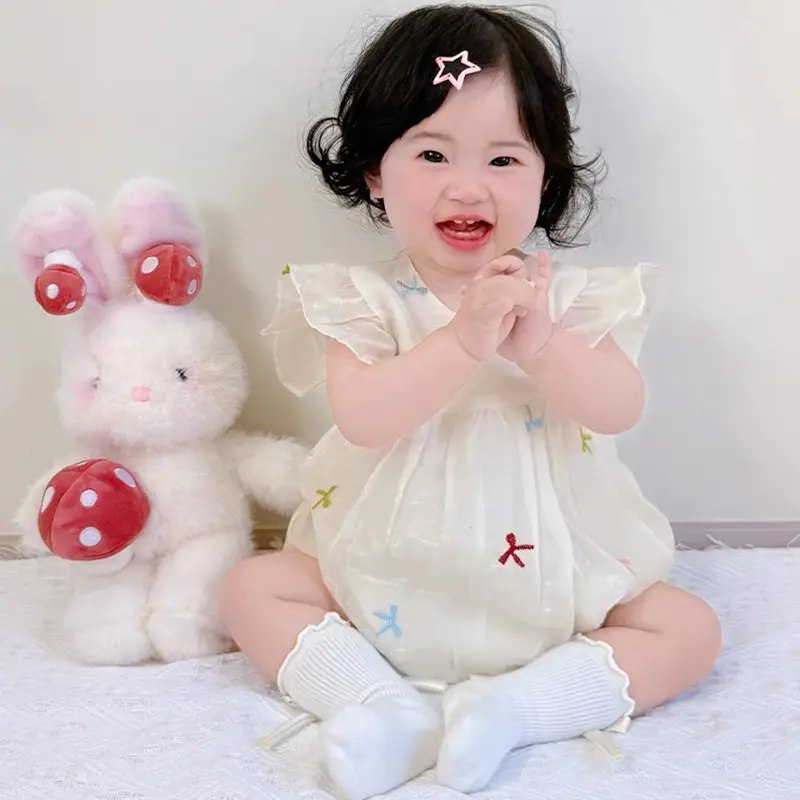 Summer Baby Girls Clothes Embroidered Bow Short Sleeve Romper Lace Bodysuit Doll Collar Jumpsuit Outfit Girls Climbing Clothes