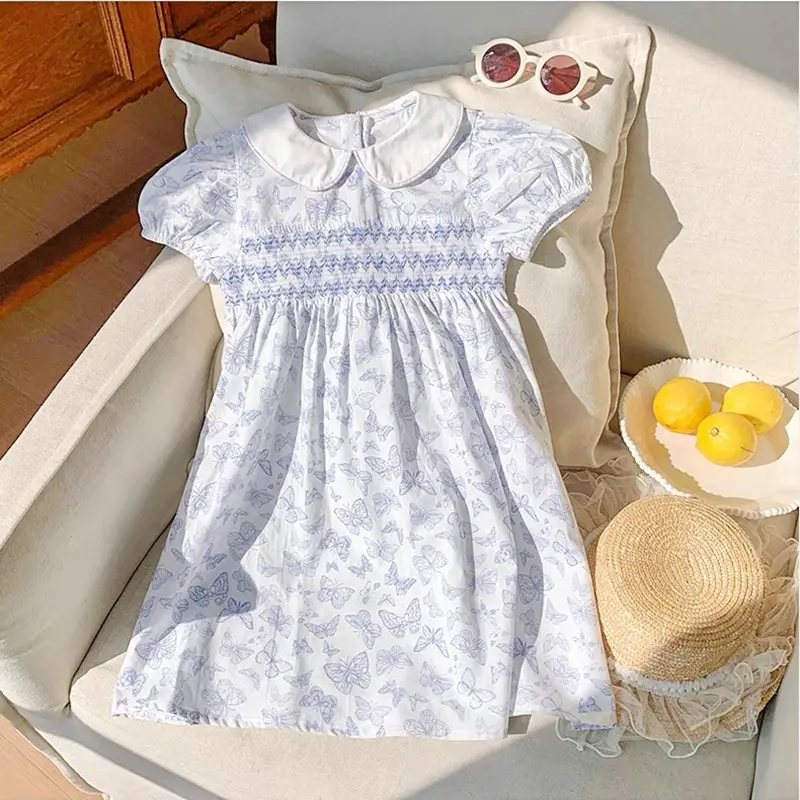 Baby Girls Princess Dresses New Summer Clothes Cotton Puff Sleeve Blue Butterfly Print Toddlers Vacation Kids Cotton Cute Dress