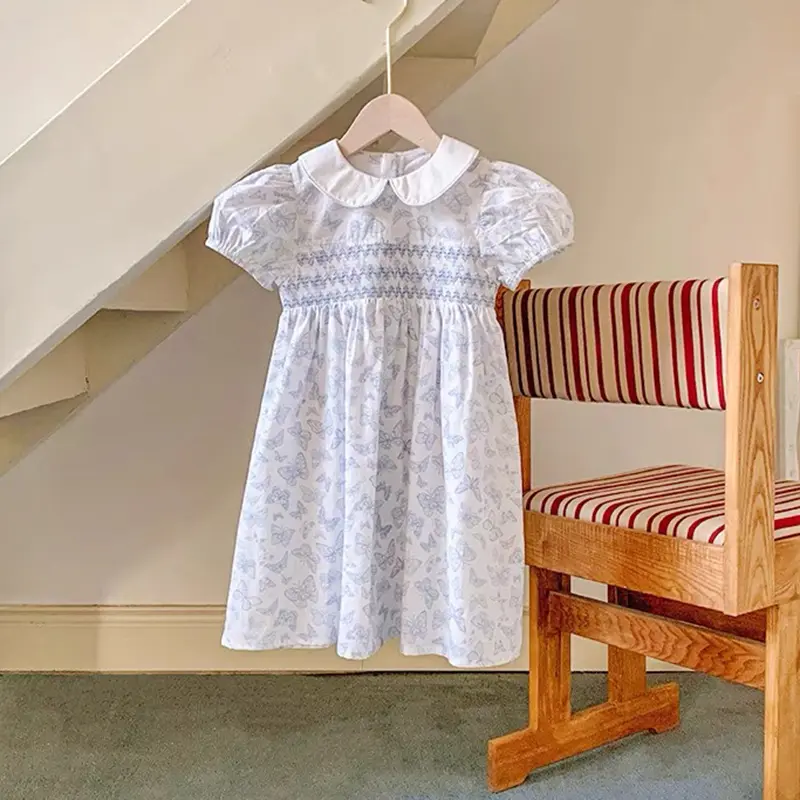 Baby Girls Princess Dresses New Summer Clothes Cotton Puff Sleeve Blue Butterfly Print Toddlers Vacation Kids Cotton Cute Dress
