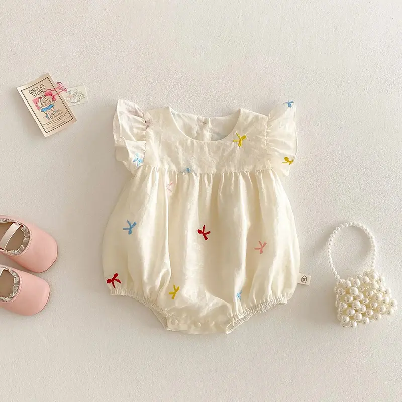 Summer Baby Girls Clothes Embroidered Bow Short Sleeve Romper Lace Bodysuit Doll Collar Jumpsuit Outfit Girls Climbing Clothes