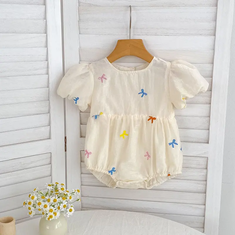 Summer Baby Girls Clothes Embroidered Bow Short Sleeve Romper Lace Bodysuit Doll Collar Jumpsuit Outfit Girls Climbing Clothes