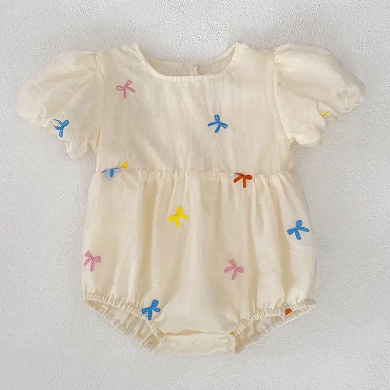 Summer Baby Girls Clothes Embroidered Bow Short Sleeve Romper Lace Bodysuit Doll Collar Jumpsuit Outfit Girls Climbing Clothes