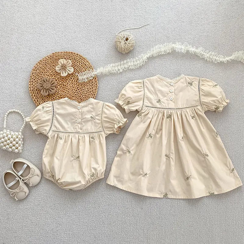 Sisters Clothes Infant Baby Girls Lace Collar Dress Rompers Kids Girls Embroider Flower Princess Dress Family Clothes Rompers