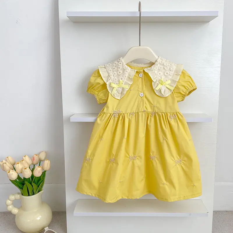 1-6Y Girls Bow Princess Dresses New Summer Baby Dress Puff Sleeve Embroidery Petal Collar Toddlers Kids Cotton Cute Party Dress