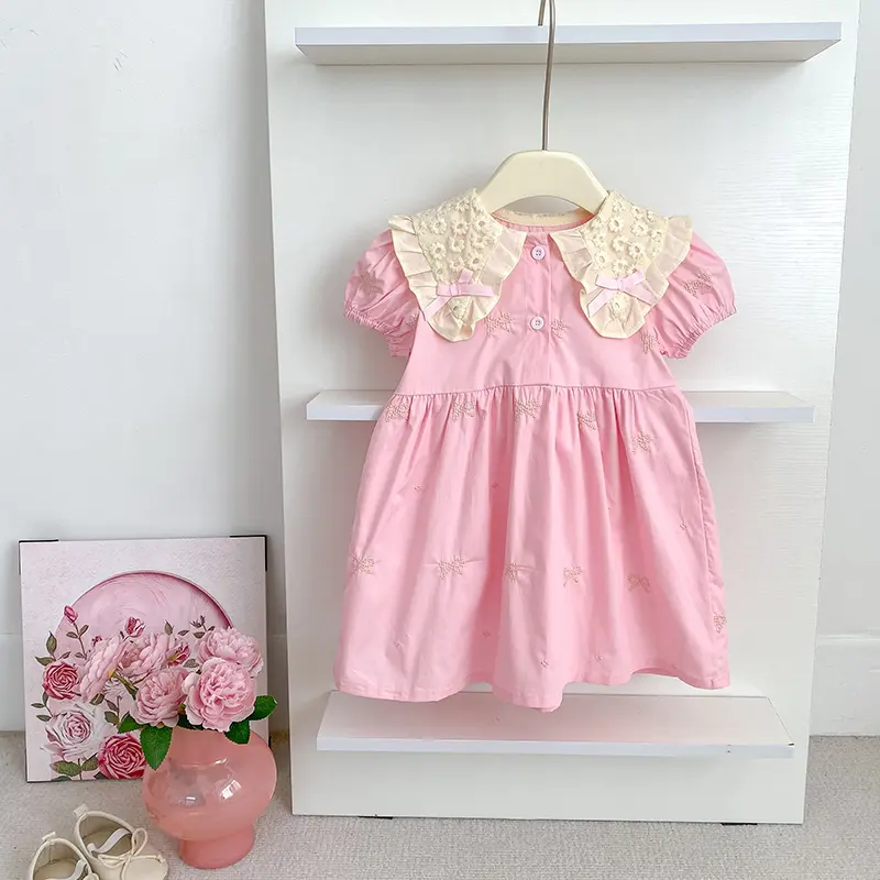 1-6Y Girls Bow Princess Dresses New Summer Baby Dress Puff Sleeve Embroidery Petal Collar Toddlers Kids Cotton Cute Party Dress
