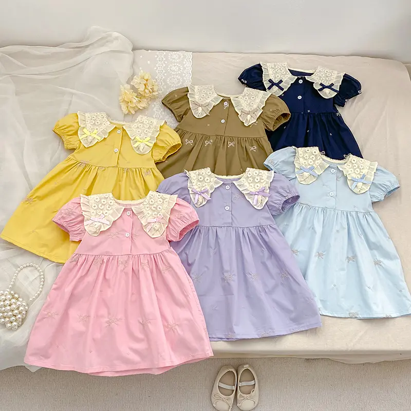 Summer Sweet Kids Dress 1-6Yrs Baby Girl Embroidered Bow Princess Dress Baby Girls Lace Doll Collar Dress Children Clothes Dress