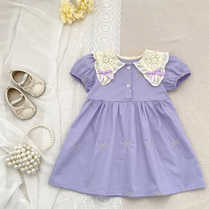 Summer Sweet Kids Dress 1-6Yrs Baby Girl Embroidered Bow Princess Dress Baby Girls Lace Doll Collar Dress Children Clothes Dress