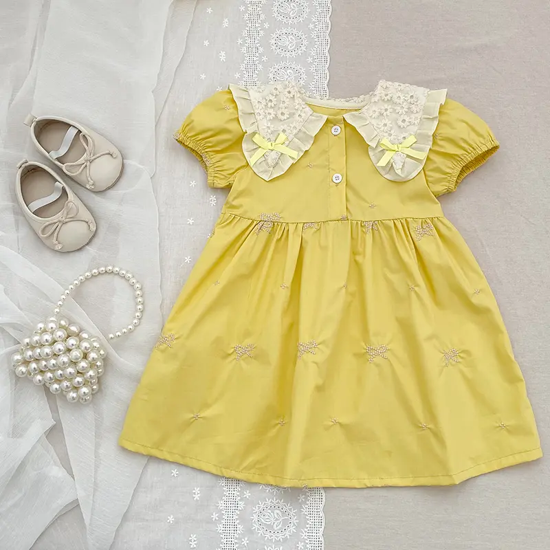Summer Sweet Kids Dress 1-6Yrs Baby Girl Embroidered Bow Princess Dress Baby Girls Lace Doll Collar Dress Children Clothes Dress