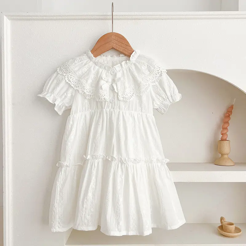 2025 Summer New Baby Girls Dress Girls Sweet Girl Dress White Party Ruffle Trim Party Princess Dress Lace Collar Dresses Clothes