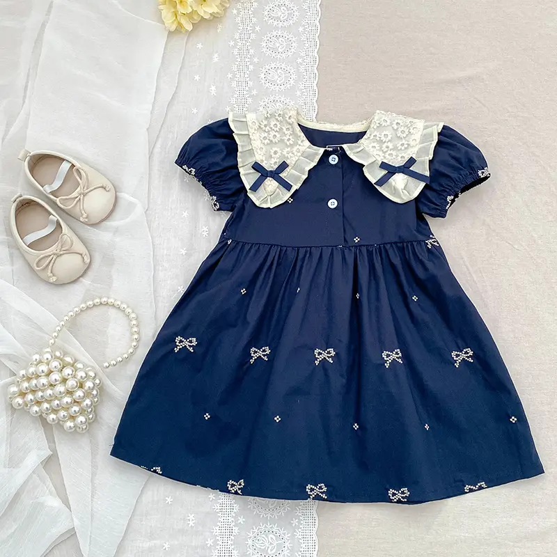 Summer Sweet Kids Dress 1-6Yrs Baby Girl Embroidered Bow Princess Dress Baby Girls Lace Doll Collar Dress Children Clothes Dress