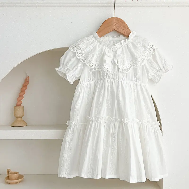 2025 Summer New Baby Girls Dress Girls Sweet Girl Dress White Party Ruffle Trim Party Princess Dress Lace Collar Dresses Clothes