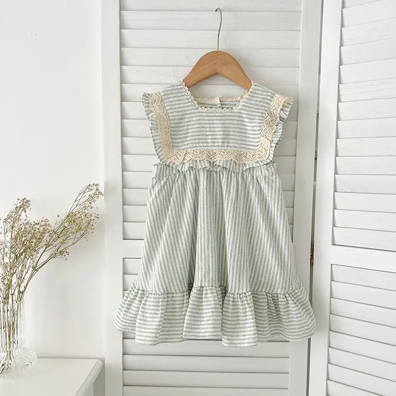 Summer Baby Girls Striped Dresses Plaid Flying Sleeve Birthday Party Dress Children Elegant Ruffled Clothing Cotton Girl Clothes
