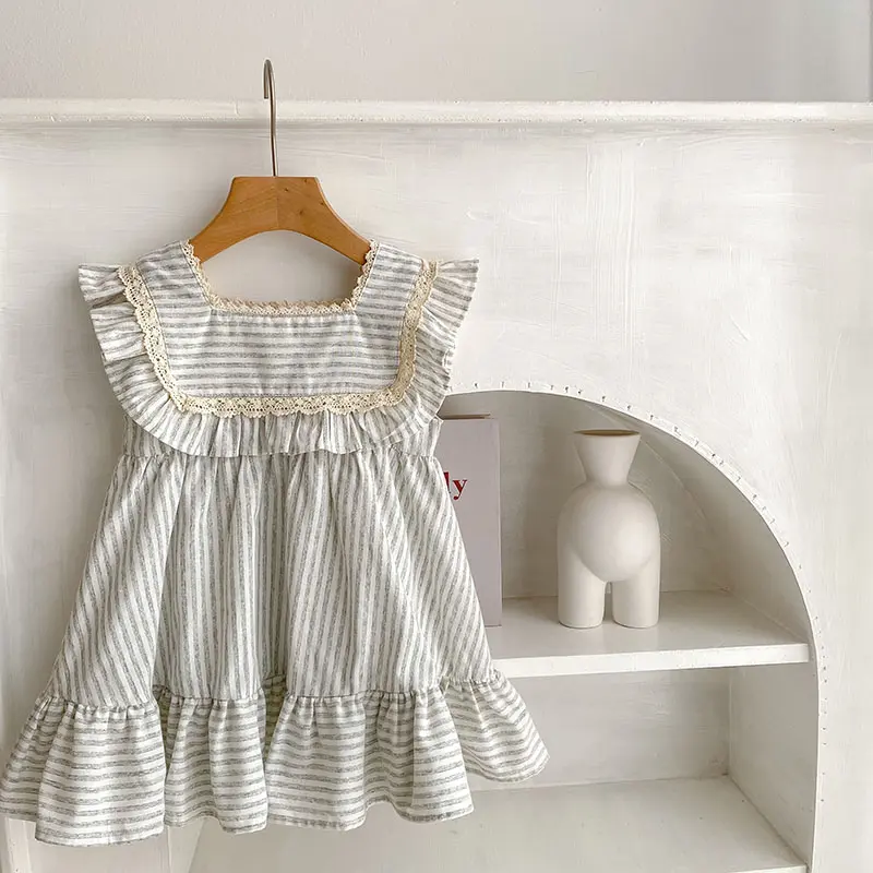 Summer Baby Girls Striped Dresses Plaid Flying Sleeve Birthday Party Dress Children Elegant Ruffled Clothing Cotton Girl Clothes