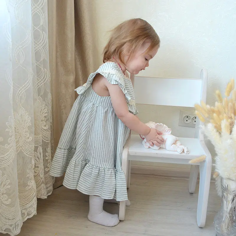 Summer Baby Girls Striped Dresses Plaid Flying Sleeve Birthday Party Dress Children Elegant Ruffled Clothing Cotton Girl Clothes
