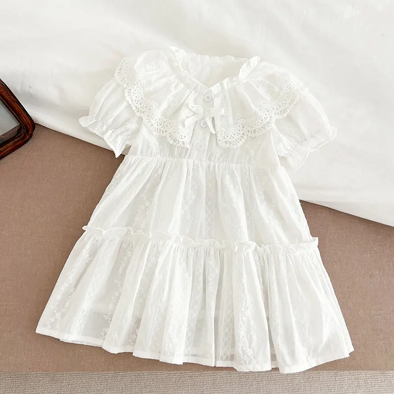 2025 Summer New Baby Girls Dress Girls Sweet Girl Dress White Party Ruffle Trim Party Princess Dress Lace Collar Dresses Clothes
