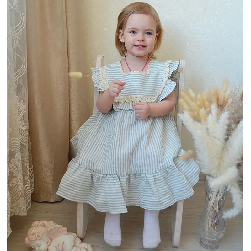 Summer Baby Girls Striped Dresses Plaid Flying Sleeve Birthday Party Dress Children Elegant Ruffled Clothing Cotton Girl Clothes